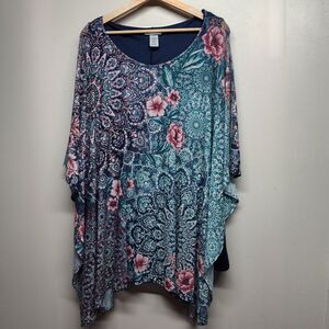 Catherines Tunic Top Women Size 1X Blue Floral Relaxed Lined Bohemian Casual